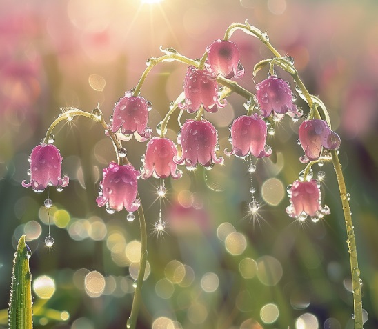 The sun’s rays sparkle in the shimmering dew.