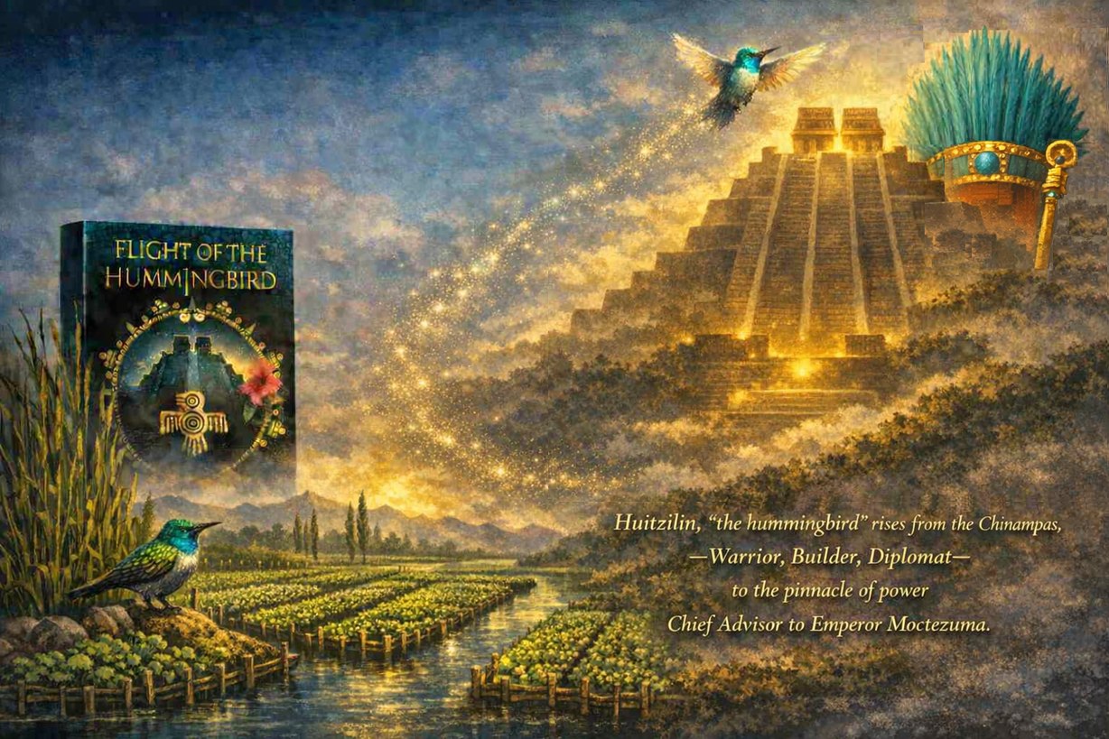 Flight of the Hummingbird advertisement showing Huitzilin’s rise from the chinampas toward the temple